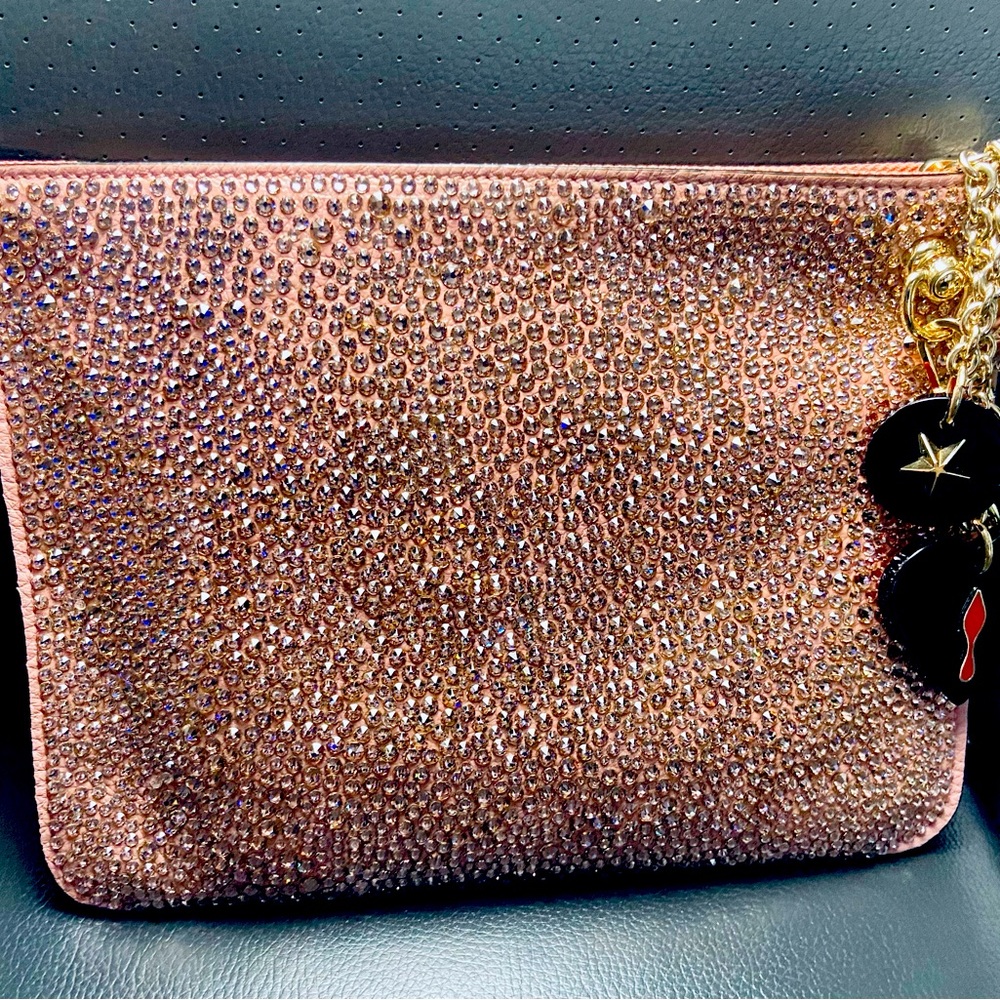 CHRISTIAN LOUBOUTIN LEATHER POUCH MAUVE COLOR WITH ROSE CRYSTALS STRASS